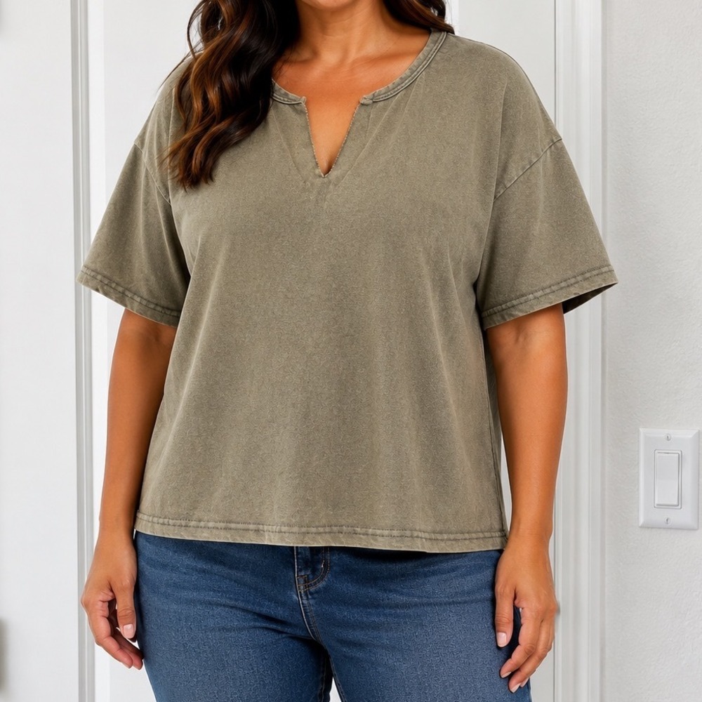 SHEIN Curve Washed Olive Green Notched V Neck Short Sleeve Top 1XL Plus Size